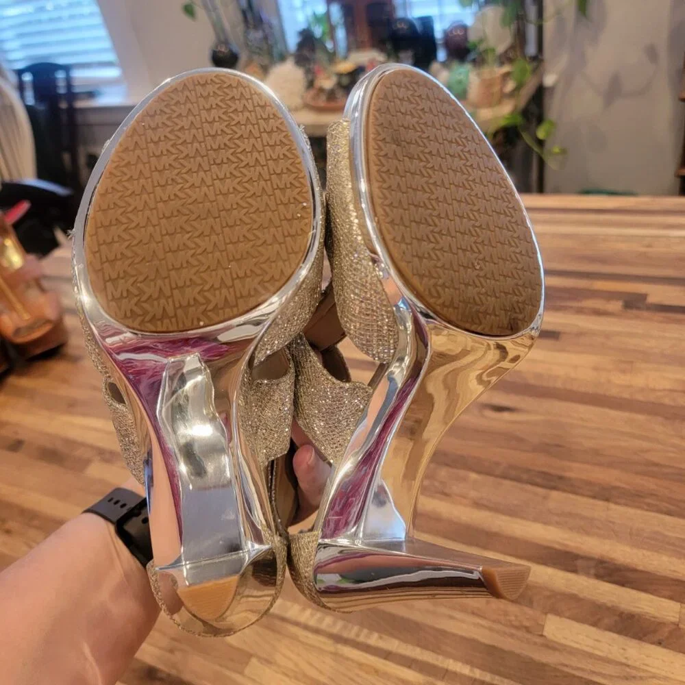 Michael Kors Berkley 4” High Heel Metallic Front Zip Sparkling Gladiator Sandals
